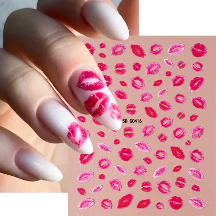 Autocollants 5D en Relief pour Ongles, Lèvres Rouges/Roses, Décalcomanies Romantiques de Luxe, Curse