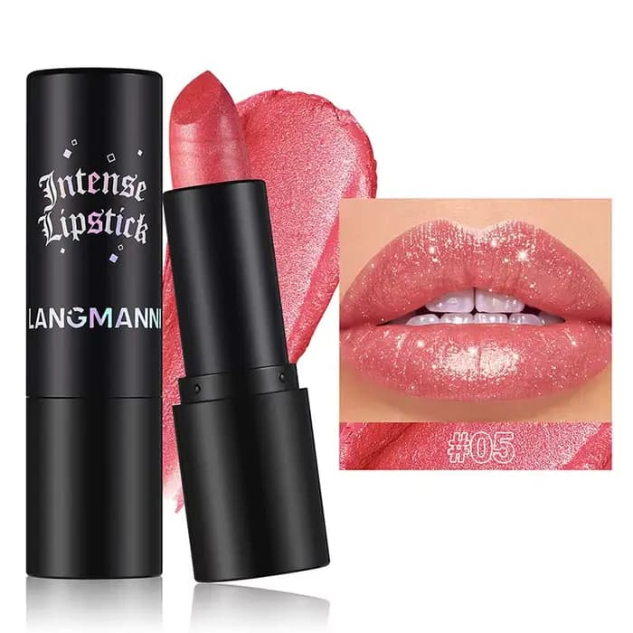 Rouge à lèvres corail métallisé scintillant, luxueux, longue tenue, imperméable, haute pigmentation,