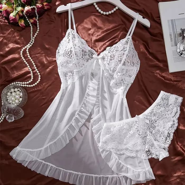 Chemise de nuit en Tulle blanc Transparent, col licou, vêtements de maison pour femmes, ensemble pyj