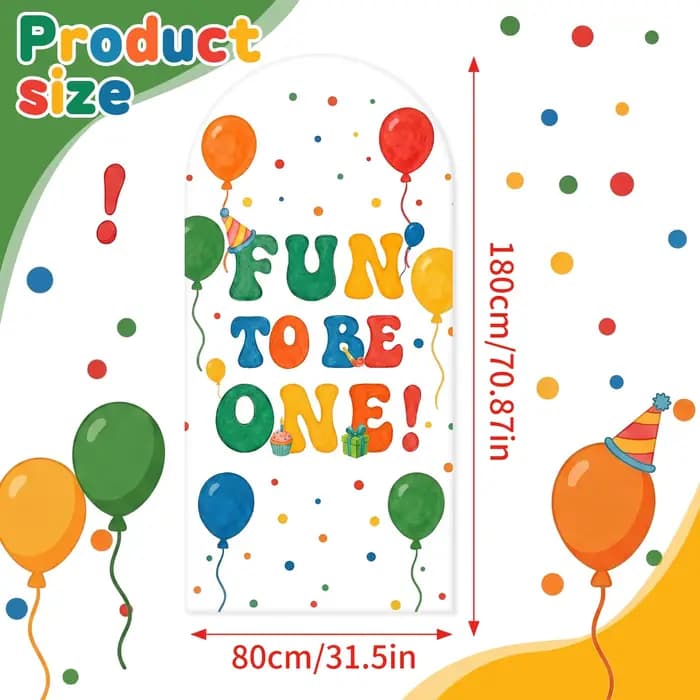 Housse d'arche d'arrière-plan pour anniversaire 'Fun to Be One', avec ballons colorés et motifs à po