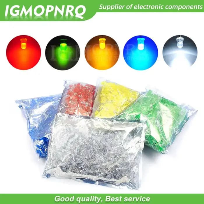 Diode LED électroluminescente, rouge, vert, jaune, blanc, orange, bleu, DIP, 3mm, 5mm, 1000 pièces