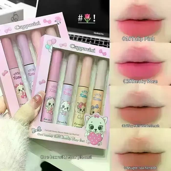 Coffret Cadeau de 4 Gloss à Lèvres Cappuvini – Effet Velours Hydratant, Laque Brillante et Juteuse, 