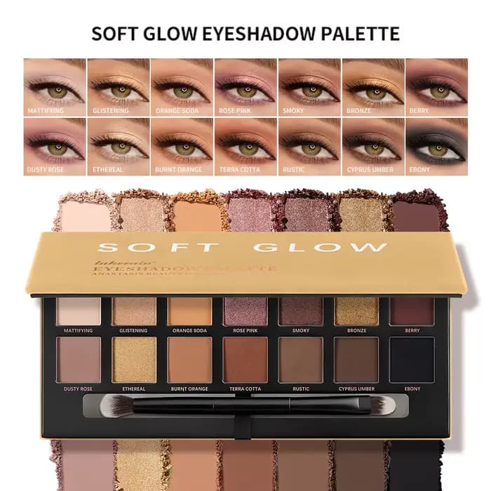 Palette de fards à paupières aux tons terreux, couleurs douces et brillantes, longue tenue, sans bav