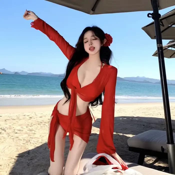 Maillot de bain bikini pour femme 2026, nouveau modèle rouge, sexy, quatre pièces, à manches longues