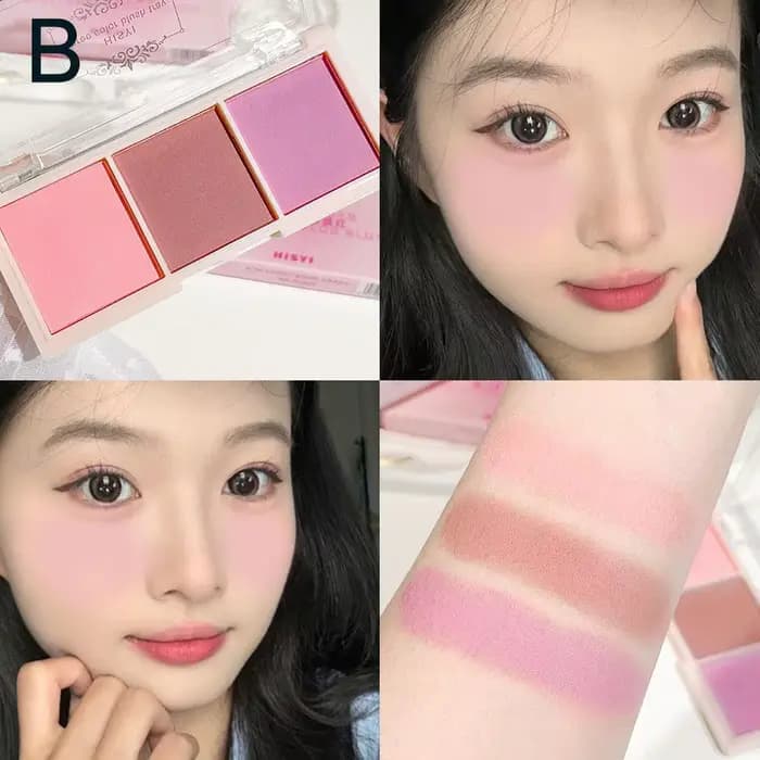 HISYI Fard à joues trois couleurs mat, teinte nude douce, vitalité naturelle pour femme, poudre écla