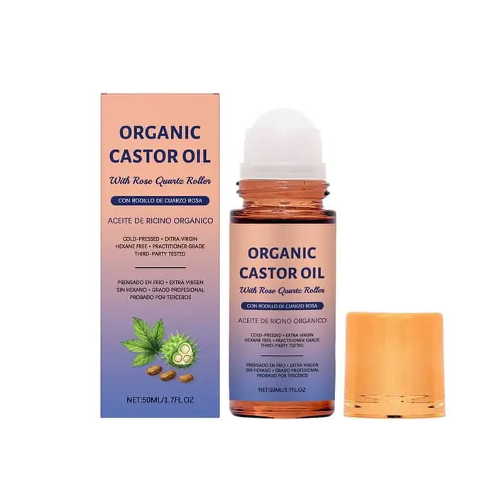 Huile de ricin biologique 50 ml avec applicateur à bille en quartz rose, essence hydratante naturell