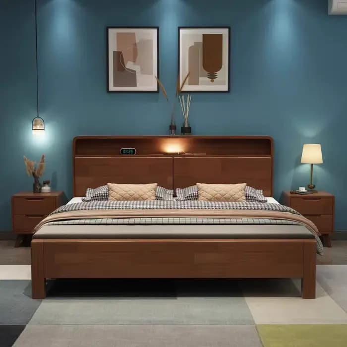 Lit en bois massif de 1,8 m de style simple et moderne avec veilleuse dossier souple rangement écono