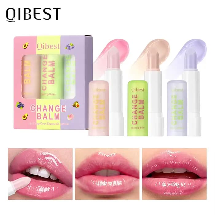 QIBEST – Lot de 3 baumes à lèvres hydratants et teintés, changeant de couleur, longue tenue, soin no
