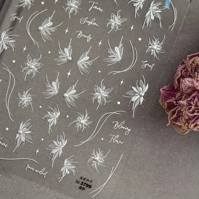 Autocollants pour ongles translucides 5D, haute qualité, en relief, blanc pur, perle dahlia, strass 