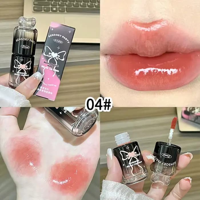 Gloss à lèvres miroir noir et rose avec nœud papillon, non-tachant, longue tenue, hydratant, illumin