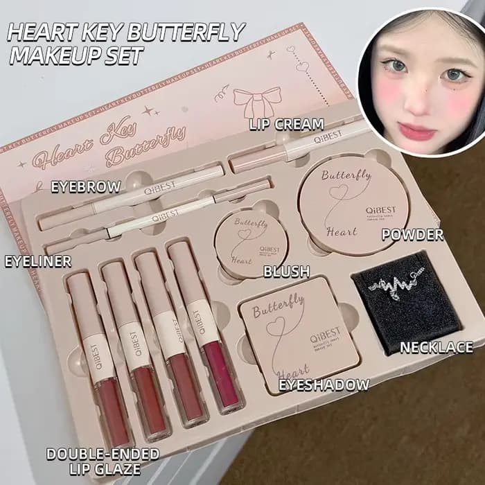 Coffret cadeau de maquillage avec nœud papillon, cœur limité, rouge à lèvres, poudre, fard à joues, 