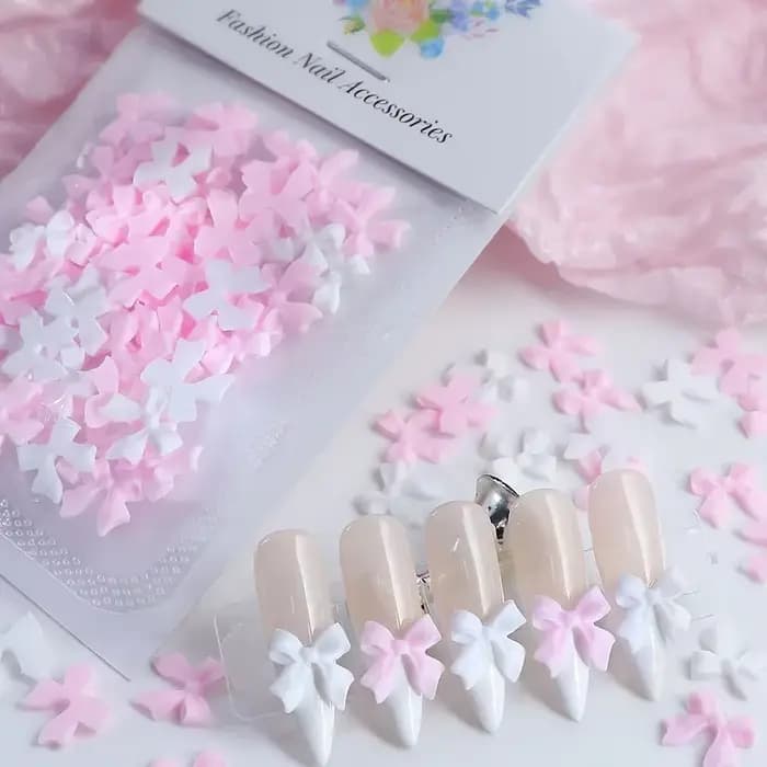 Breloques pour ongles avec nœud en ruban rose et blanc, pièces rouges coréennes, décoration de crava