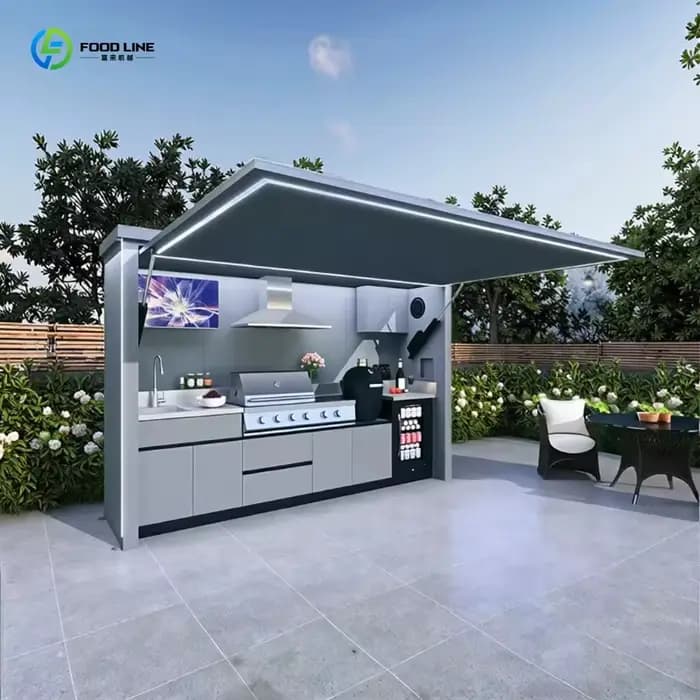Cuisine extérieure électrique élégante et personnalisée avec évier et réfrigérateur intégrés, instal