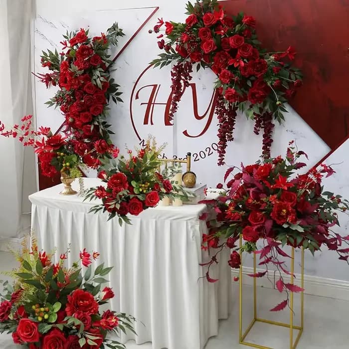Arche d'Arrière-Plan de Mariage, Rose Rouge, Arrangement Floral, Centre de Table de Banquet, Boule, Allée, Sol, Fleur, Accessoire de ix