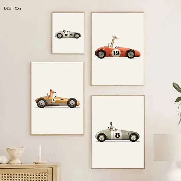 Affiche murale d'art de dessin animé de voiture d'animaux amusants, impression de girafe, ours, lapin, chambre d'enfant, peinture sur toile, image de décoration de maison pour pépinière