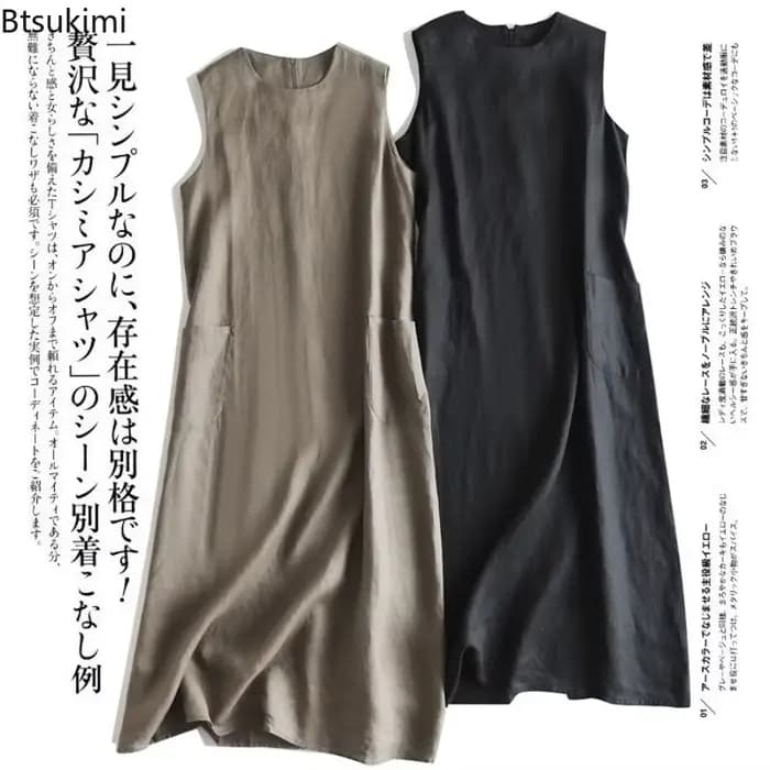 Robe d'été 2026 en coton et lin pour femme, style rétro littéraire, col en V, unie, sans manches, décontractée, ample, pour soirée, Vestidos De Mujer