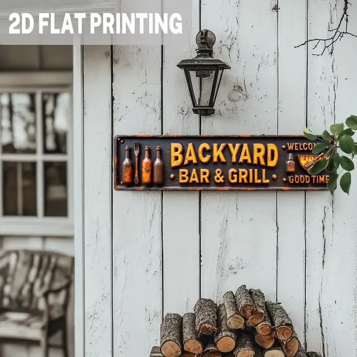 2D plat - [2D plat] Design 2D - un panneau métallique pour bar et barbecue dans une ferme - Impression 2D, thème de fête de barbecue vintage, kit