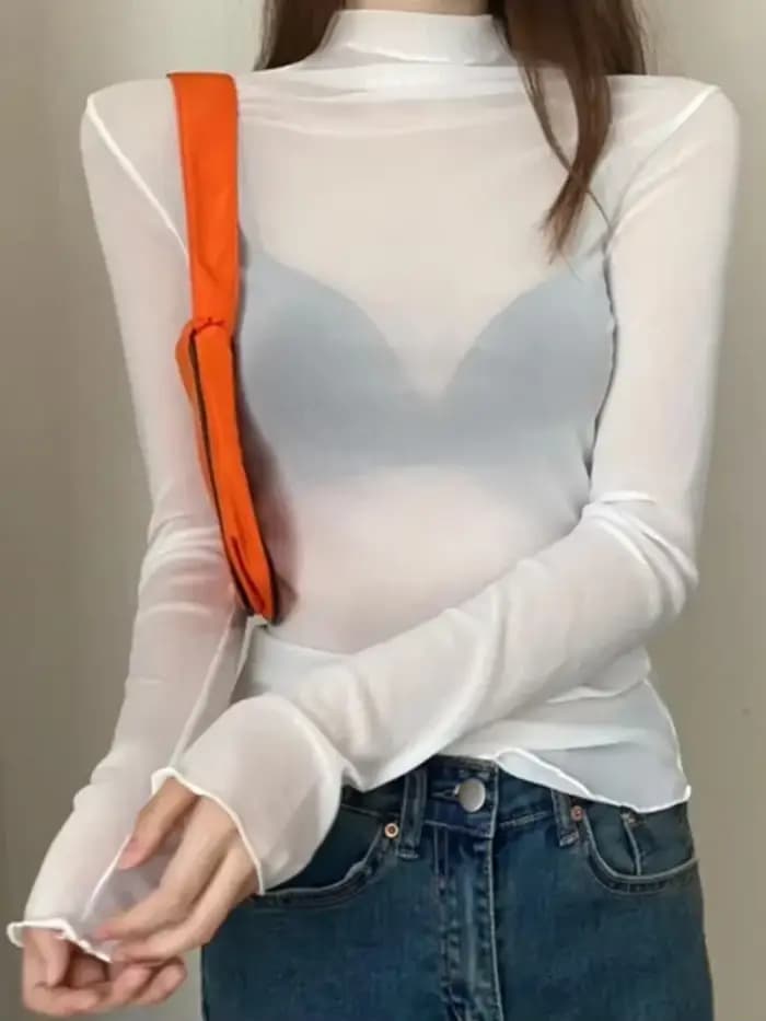 Chemisier astronomique en dentelle à col roulé pour femme, manches longues, vêtements en gaze fine, transparent, mode printemps et automne