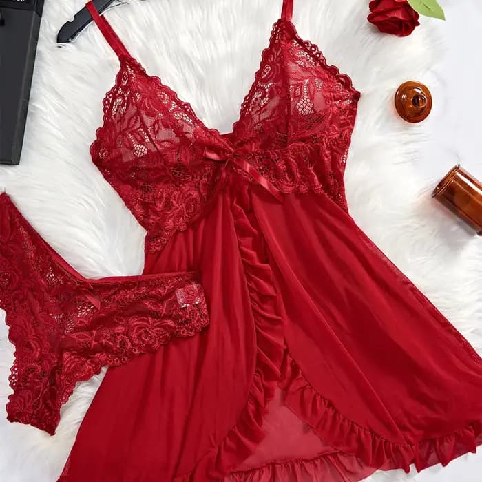 Chemise de nuit transparente en dentelle rouge pour femmes, sous-vêtements Sexy, vêtements de nuit, ensembles robe et culotte, été