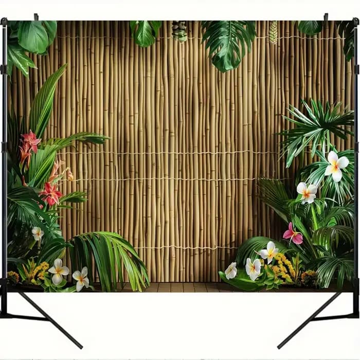 1 fond mural en bambou tropical avec feuilles de palmier et fleurs d'hibiscus - Fond de photographie de plage hawaïenne