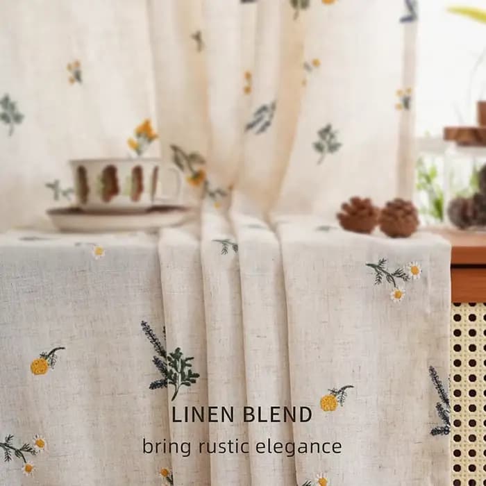 Rideaux en coton et lin, style Boho, marguerite brodée, fenêtre de ferme, tige florale Beige, draperies de poche, filtrage de la lumière, salon, chambre à coucher