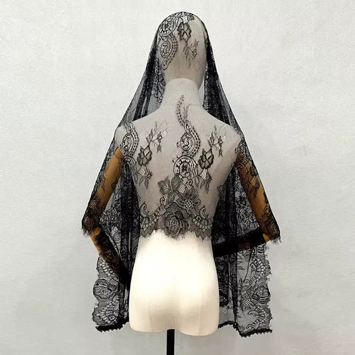 Voile d'église mantille en dentelle, couverture de tête en mousseline de masse latine, voile chrétien espagnol noir pour mariage, chapelle de mariée, voile catholique