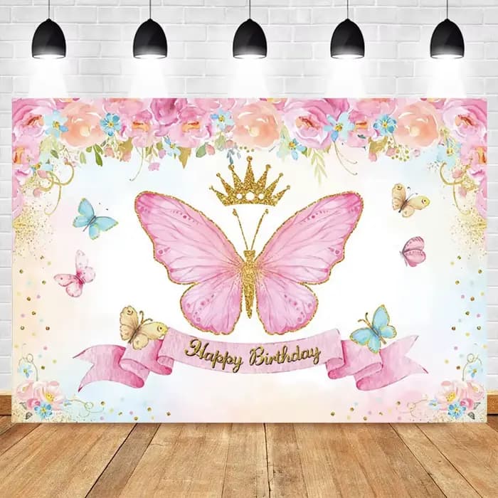 Toile de fond papillon pour fête d'anniversaire, princesse fleur, réception-cadeau pour bébé, nom personnalisé, décor de fond de photographie, affiche de bannière