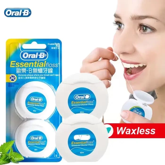 Fil dentaire non ciré Oral B Essential, 2 boîtes de 50 m chacune, nettoyage interdentaire, soin des gencives, fil dentaire pour le nettoyage buccal
