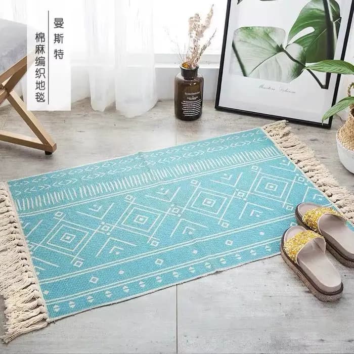 Tapis en lin de coton turc, imprimé à la main, avec glands, pour l'entrée, lavable pour la chambre, la cuisine et la salle de lavage