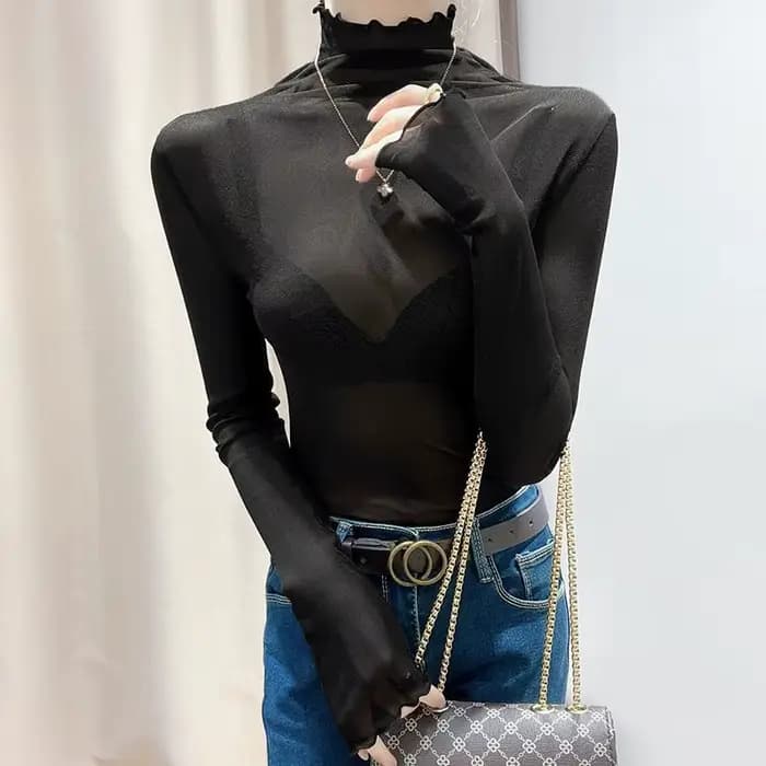 Chemisier en dentelle à col haut pour femmes, à manches longues, en gaze fine, vêtements transparents, mode printemps-automne