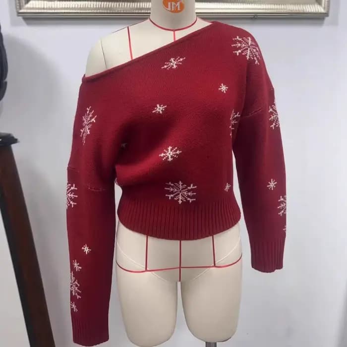 Pull de Noël flocon de neige rouge col pull femme