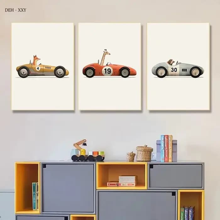 Affiche murale d'art de dessin animé de voiture d'animaux amusants, impression de girafe, ours, lapin, chambre d'enfant, peinture sur toile, image de décoration de maison pour pépinière