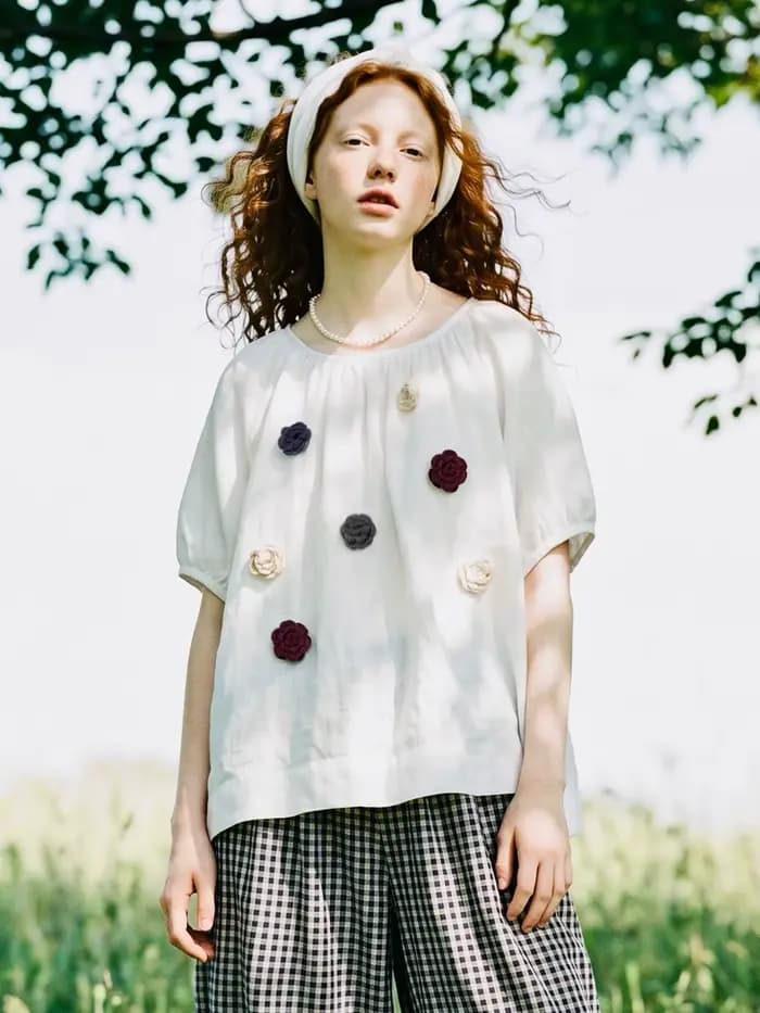 Chemise en lin blanc pour femme, imakokoni, originale d'été, décontractée, artistique, de niche, haut ample à fleurs en 3D 265476