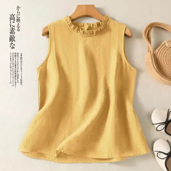 T-shirt en coton et lin pour femmes, nouvelle collection d'été, mode rétro Chic, élégant, assorti avec tout, sans manches, col Lotus, gilet décontracté
