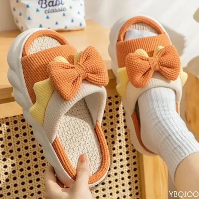 Pantoufles en lin pour femmes, pantoufles d'intérieur confortables, antidérapantes, chaussures en coton, mignonnes pantoufles plates avec nœud papillon, diapositives pour couples, printemps et été