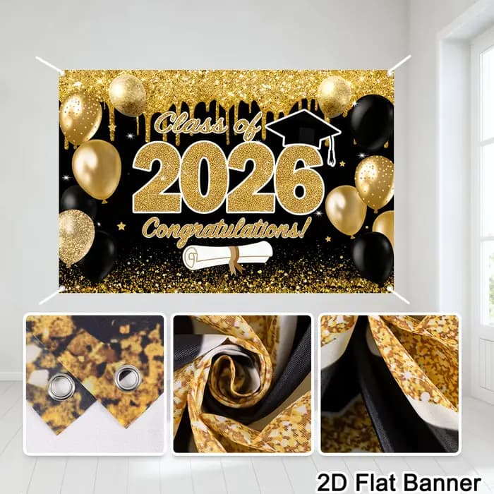 Toile de fond en polyester noir et or pour la remise des diplômes, classe de 2026, décoration scintillante pour les fêtes de remise des diplômes