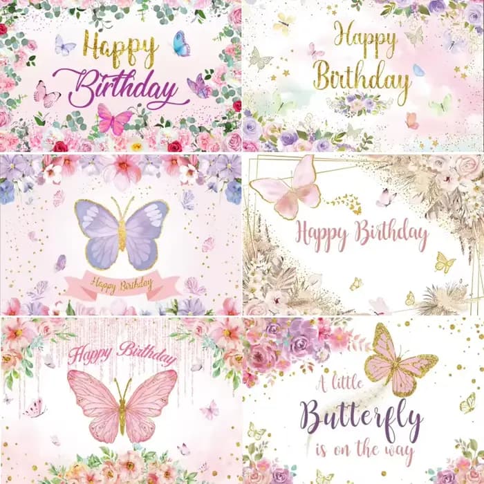 Arrière-plan sur le thème de la fête d'anniversaire, fleur de papillon rose, décor de réception-cadeau pour bébé, drapeau suspendu, accessoires d'arrière-plan