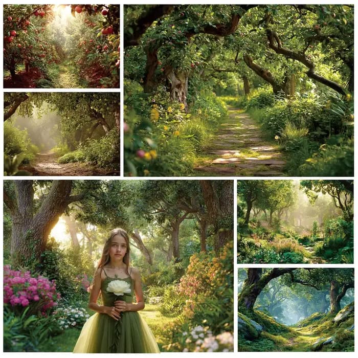 Fond photographique Forêt enchantée avec arbres verts printaniers pour enfants et filles, décorations de fête d'anniversaire, photomaton