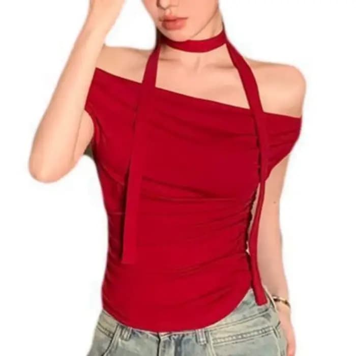 T-shirt à manches courtes pour femmes, rouge, décolleté pur, clavicule, asymétrique, épaules dénudées, Sexy, amincissant, haut court plissé