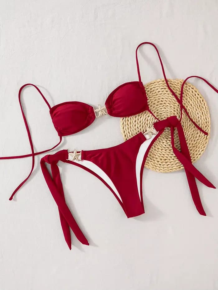 Sexy rouge Bikini 2025 femmes noir métal évider étoile de mer Push Up pansement string maillot de bain plage maillot de bain maillots de bain Biquini