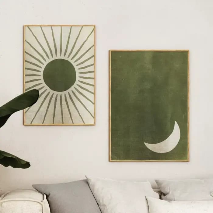 Abstraction d'art mural vert sauge, art mural vert olive, soleil et lune, un ensemble de 2 impressions, art de jour et de nuit, peinture sur toile sans cadre