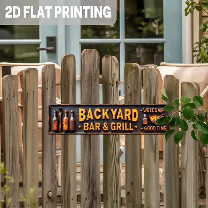 2D plat - [2D plat] Design 2D - un panneau métallique pour bar et barbecue dans une ferme - Impression 2D, thème de fête de barbecue vintage, kit