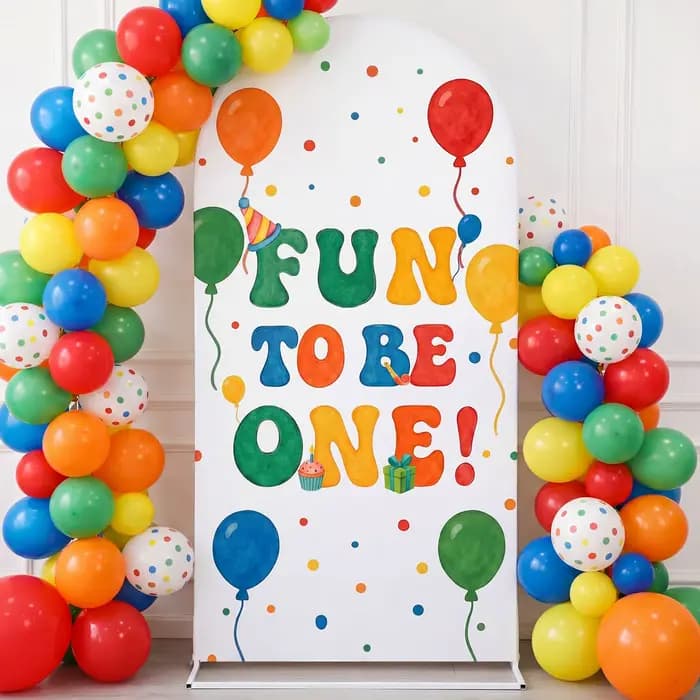 Housse d'arche d'arrière-plan pour anniversaire 'Fun to Be One', avec ballons colorés et motifs à pois, pour le premier anniversaire des enfants, la fête prénatale et accessoires photo