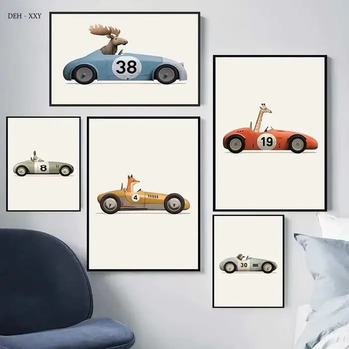Affiche murale d'art de dessin animé de voiture d'animaux amusants, impression de girafe, ours, lapin, chambre d'enfant, peinture sur toile, image de décoration de maison pour pépinière