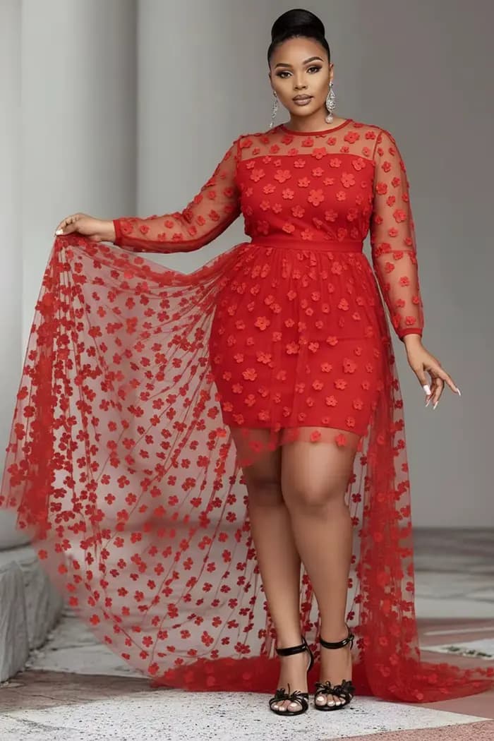 Grande taille fête rouge col rond manches longues haut bas ourlet élégant voir à travers Tulle Mini robes