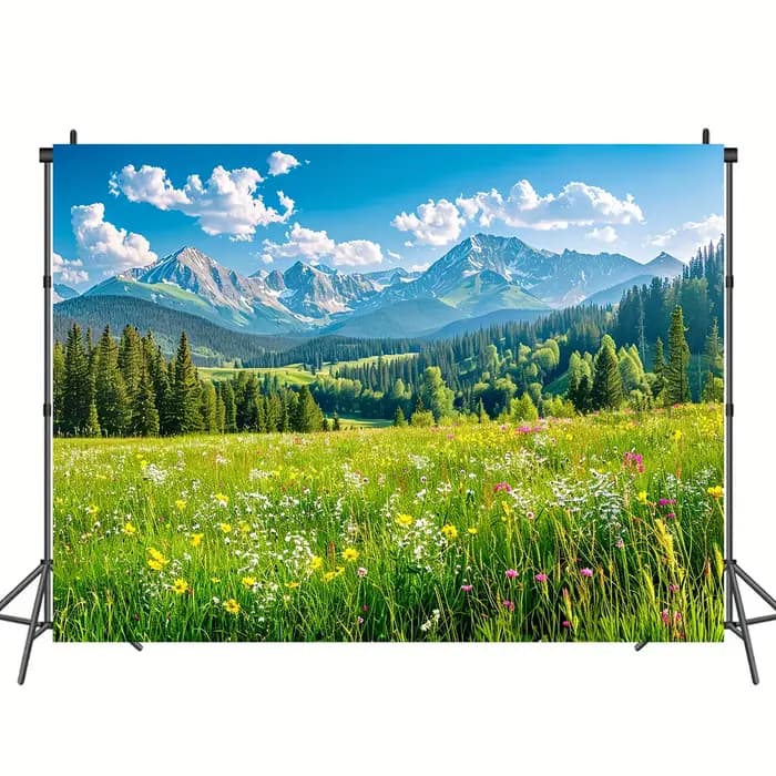 Paysage de printemps, prairie verte, pins, fond de forêt, photographie, camping, aventure, fond de fête, bannière