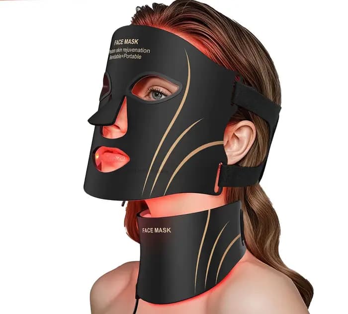 Masque facial LED 7 couleurs avec thérapie par lumière rouge sans fil portable pour le cou, anti-âge, rides, rajeunissement de la peau, utilisation à domicile