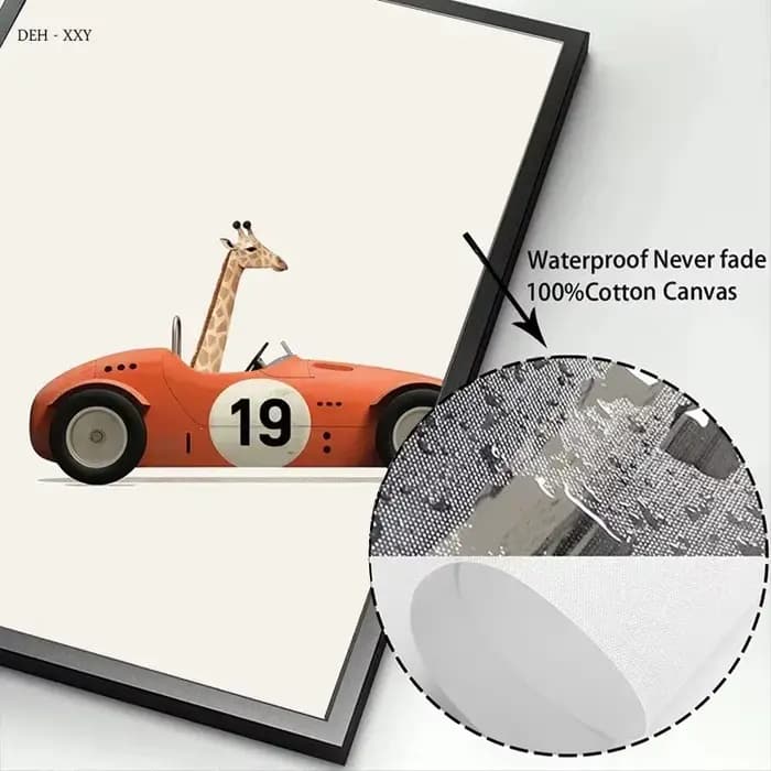 Affiche murale d'art de dessin animé de voiture d'animaux amusants, impression de girafe, ours, lapin, chambre d'enfant, peinture sur toile, image de décoration de maison pour pépinière