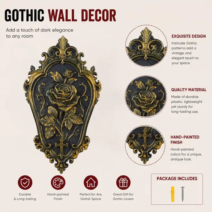 Plaque murale en relief croix baroque noire et or, style gothique vieilli, décor mural sculpté style sombre, ornement vintage