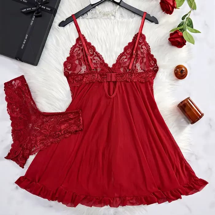 Chemise de nuit transparente en dentelle rouge pour femmes, sous-vêtements Sexy, vêtements de nuit, ensembles robe et culotte, été